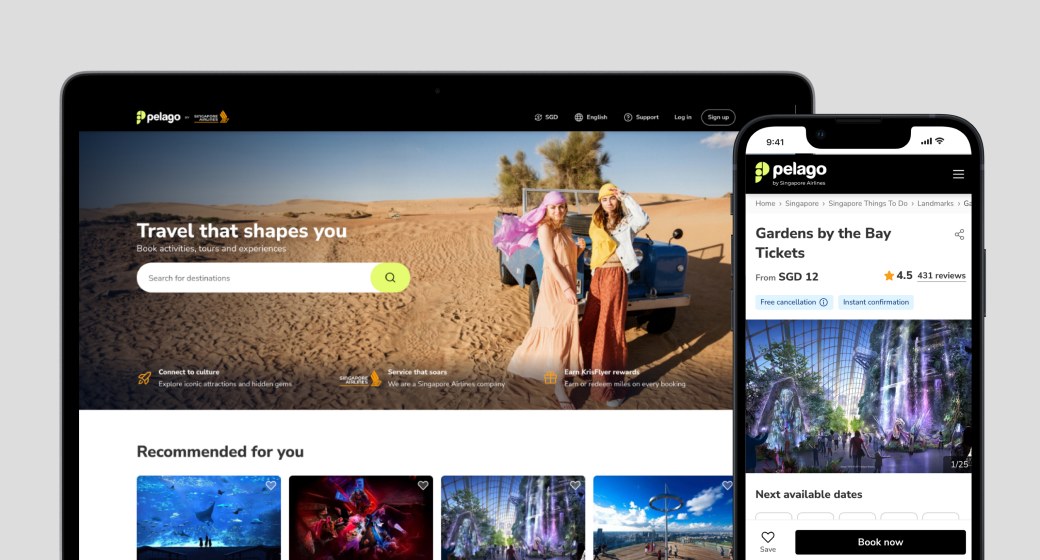 Pelago travel experience booking platform for desktop and mobile