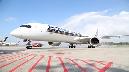 Water cannon salute for Singapore Airlines' first Airbus A350-900